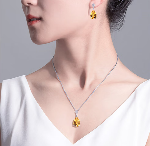 rarebeauty天然黄水晶项链女士转运招财宝石吊坠珠宝首饰时尚饰品礼物 2件套 2.6克拉吊坠+耳饰+礼盒礼袋