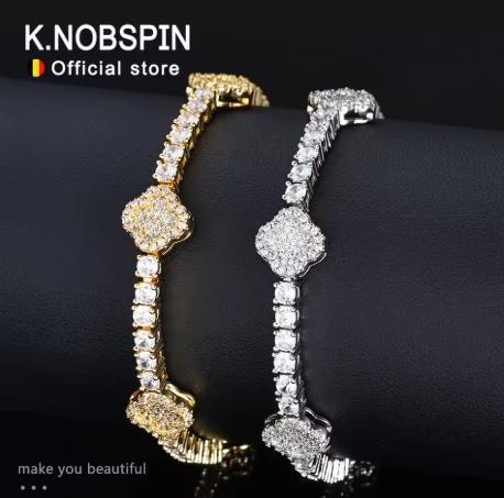 KNOBSPIN D VVS1 莫桑石网球手链，四叶草造型，925 纯银镀 18K，GRA 认证，女士结婚手链