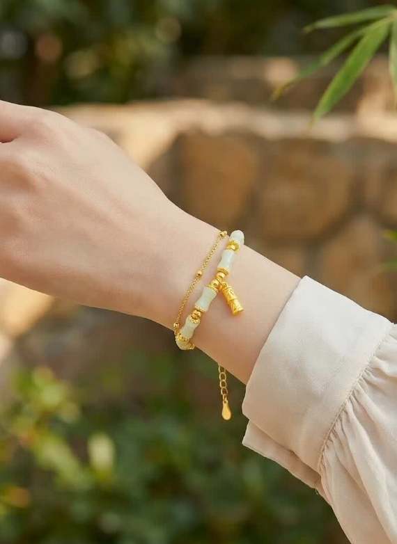 纪思梵轻奢足金手链女黄金和田玉手串纪念日情人节生日礼物送女朋友老婆 足金吊坠黄金竹节玉手链